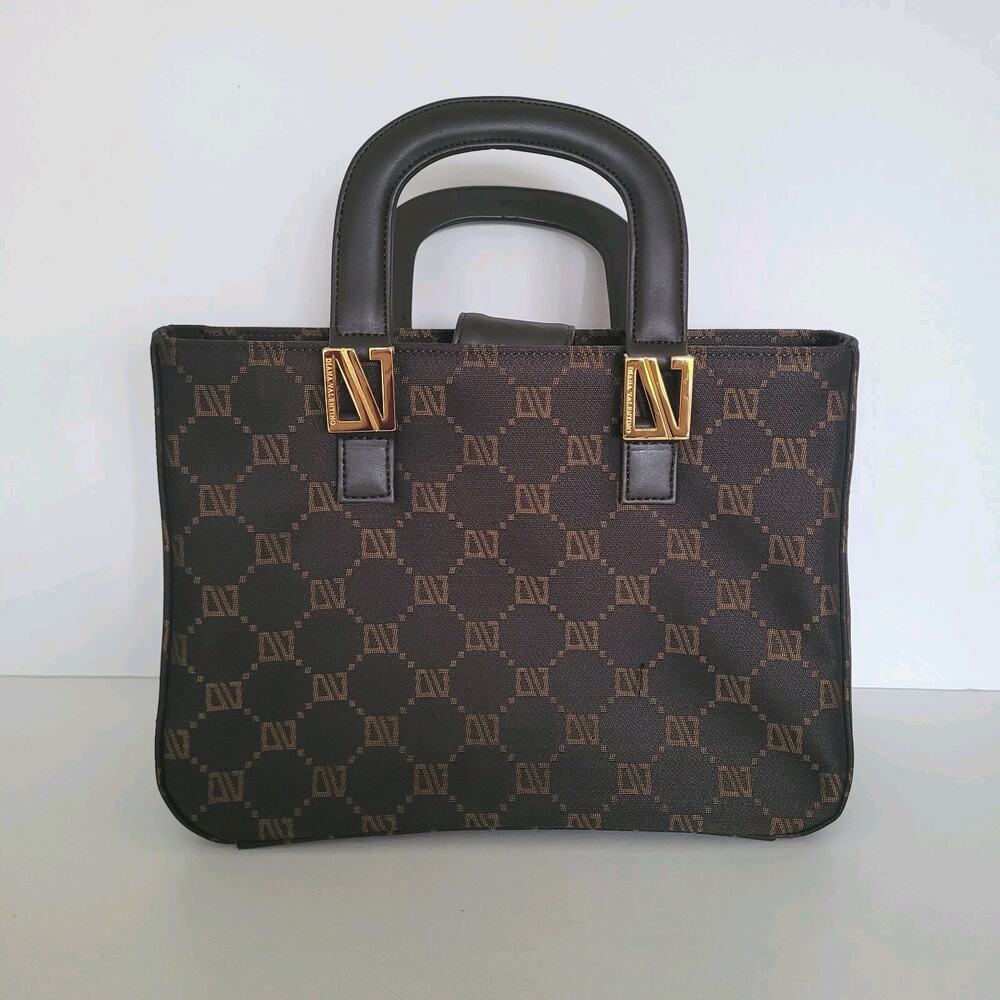 DIANA‎ VALENTINO Study Handbag Tote Bag Brown Canvas Monogramed Medium Vintage